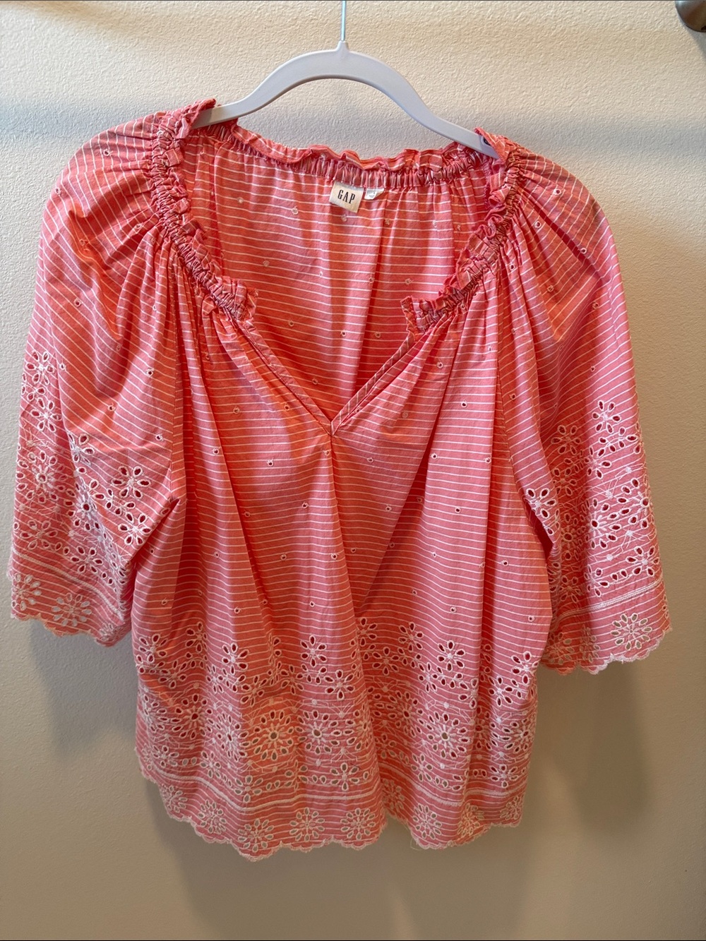 GAP Coral Pink Eyelet Stripe Peasant Blouse
